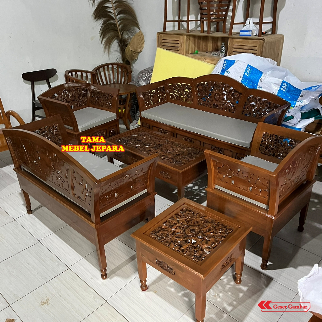 SET SOFA TAMU UKIR KARTINI JEPARA Kayu Jati 3-2-1-1 + 2 Meja - Kursi Tamu Mewah Ukir Klasik