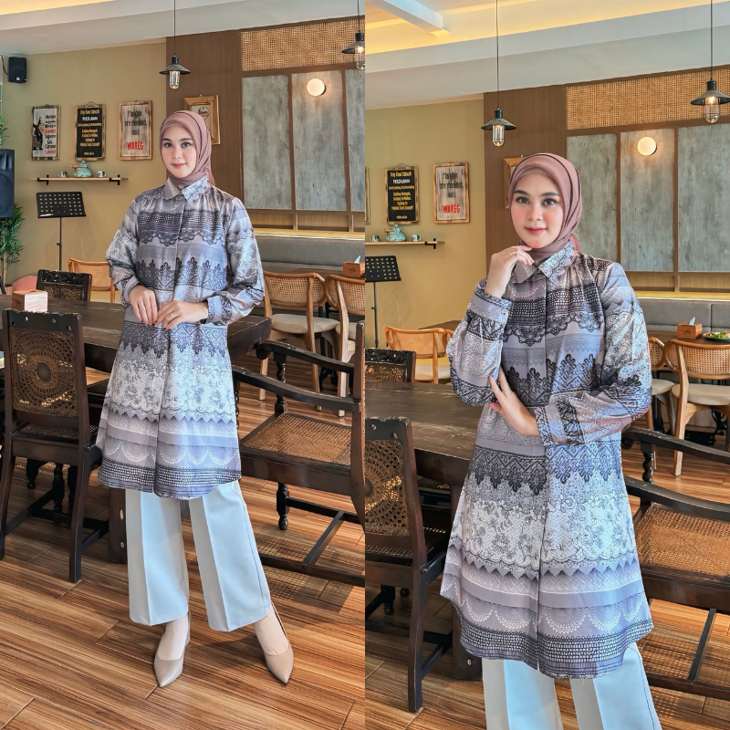 Dinara - Tunic Motif Bella Premium | Bahan Armani Silk | Kemeja Blouse Long Tunic Wanita