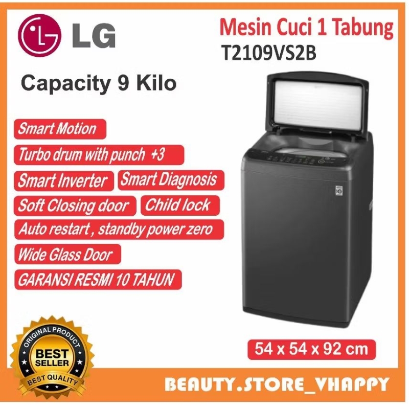 Mesin Cuci 1 Tabung Lg Smart Inverter T2109VS2B 9 kilo Garansi Resmi