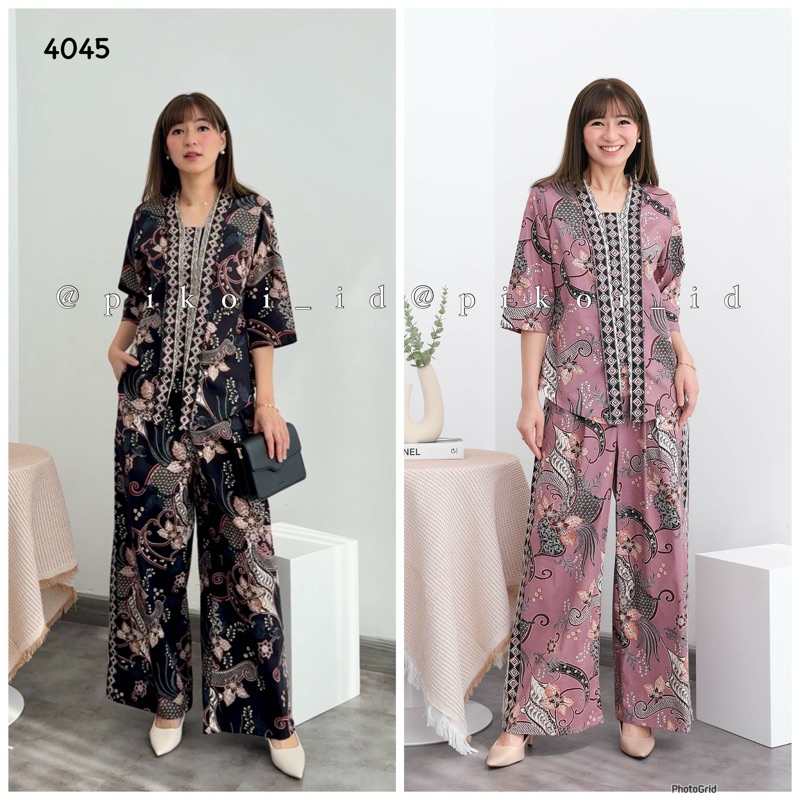 Setelan batik wanita modern / Set atasan bawahan batik kantor cream / set celana panjang 3368