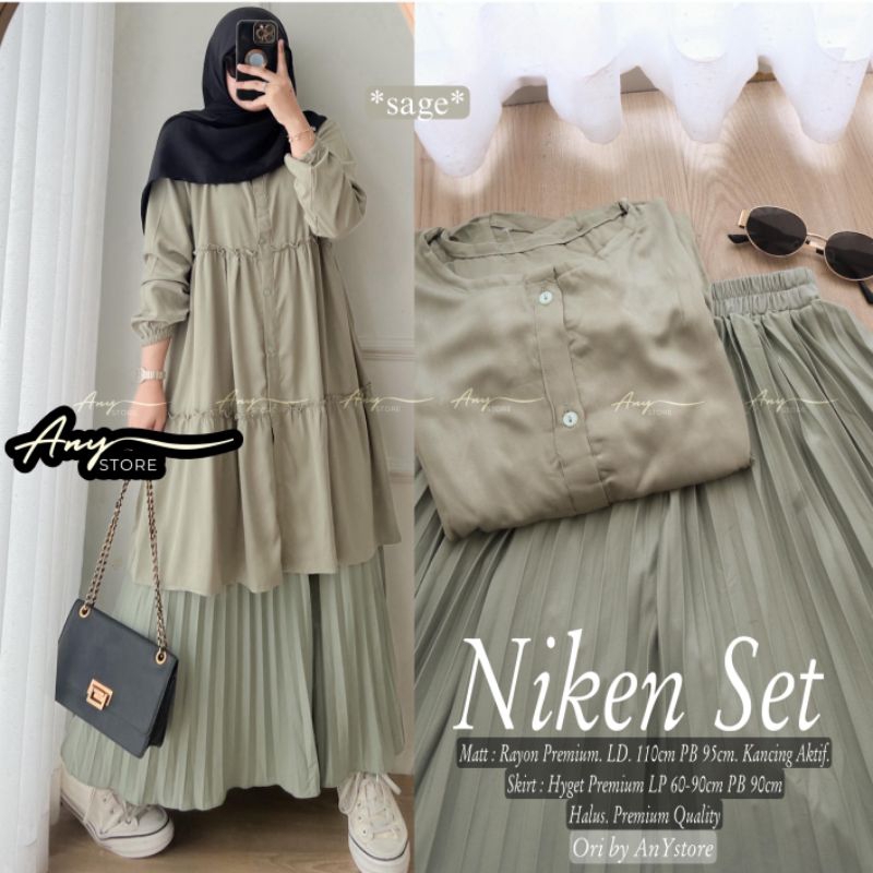 NIKEN SET BY ANY STORE SETELAN ROK PLISKET ATASAN TUNIK RAYON PREMIUM SET ROK PLISKET KEKINIAN SET R