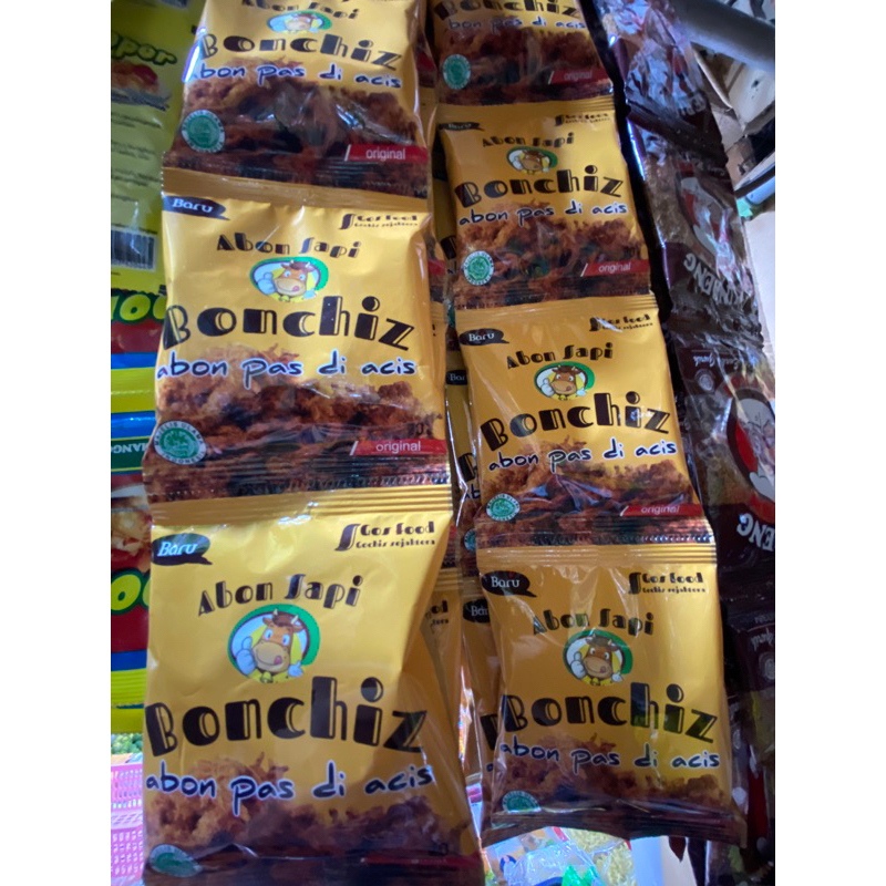 

Abon Sapi Bonchiz abon pas di acis original | Abon sapi sachet | 1 renceng isi 10 | 1 bungkus 20gram