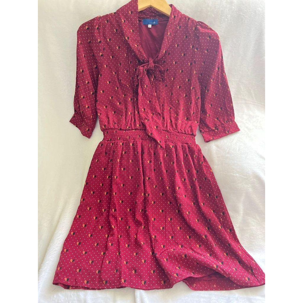 Dress Gaun midi dress love Maroon korean style dress wanita