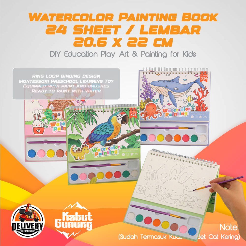 

24 Lembar Watercolor Painting Book Drawing Buku Gambar Anak Mewarnai Animal, Sea House Cat Air Stationery