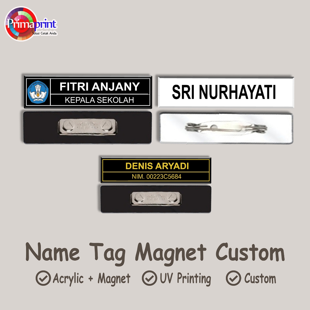 

Name Tag Dada Custom Akrilik Magnet Peniti UV Printing | Print Cetak Papan Nama Desain