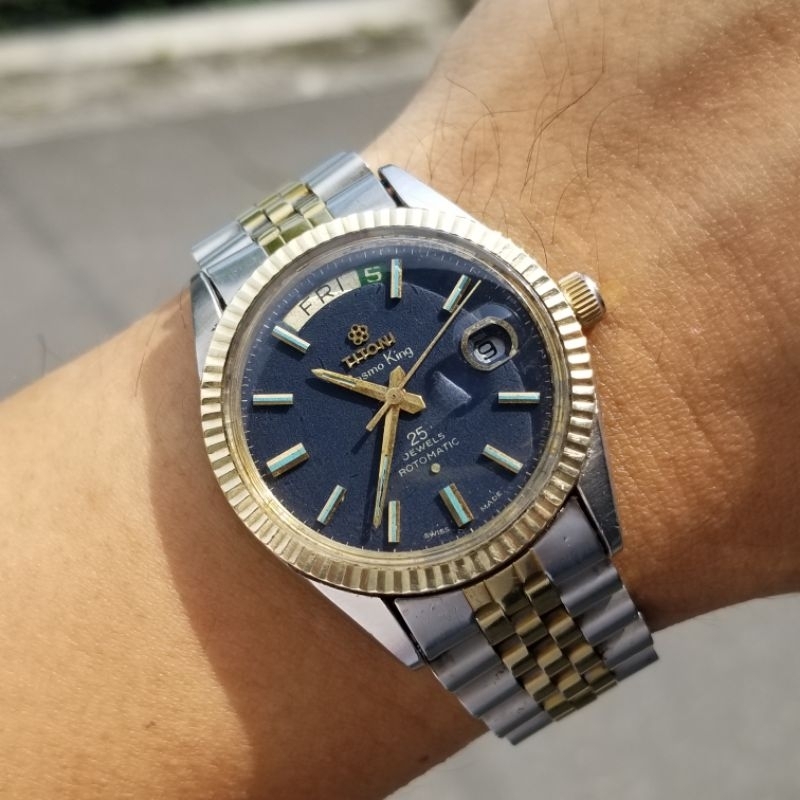 70s Vintage Titoni CosmoKing cosmo king President day date Blue Dial 14k rim yellow gold Fluted Beze