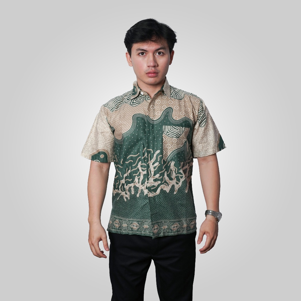 BATIK TRUSMI Kemeja Batik Pria Motif Kombinasi Bahama Warna Hijau DNJ