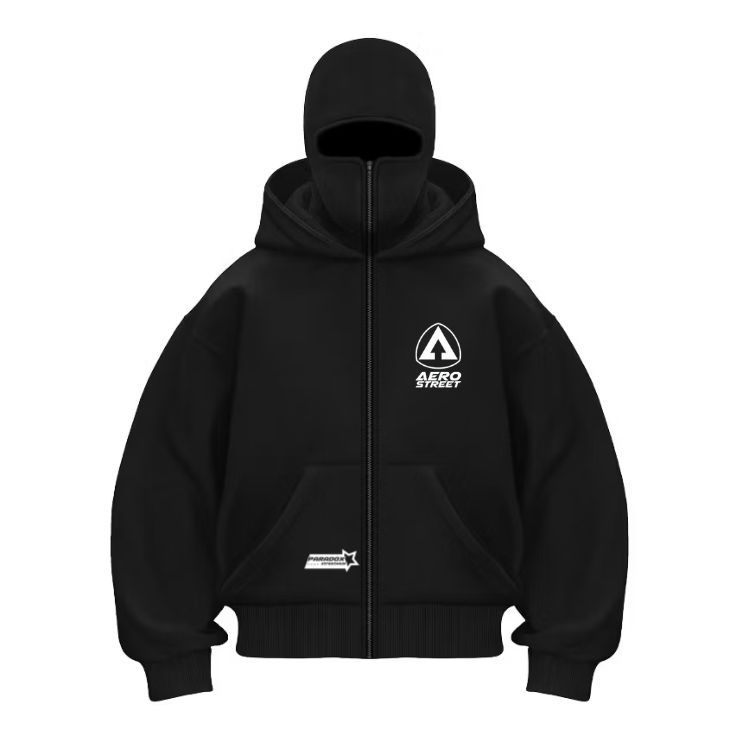 Paradox Streetwear Balaclava Jaket Ninja Sweater Hoodie Cotton Plecce Zipper Unisex Aerostreet Hitam