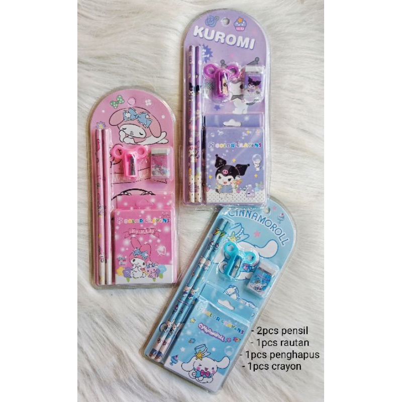 

1 set isi 3 pcs Pensil kayu dan penghapus Sanrio Kuromi Melody Cinnamorol Hello Kitty Pompopurin