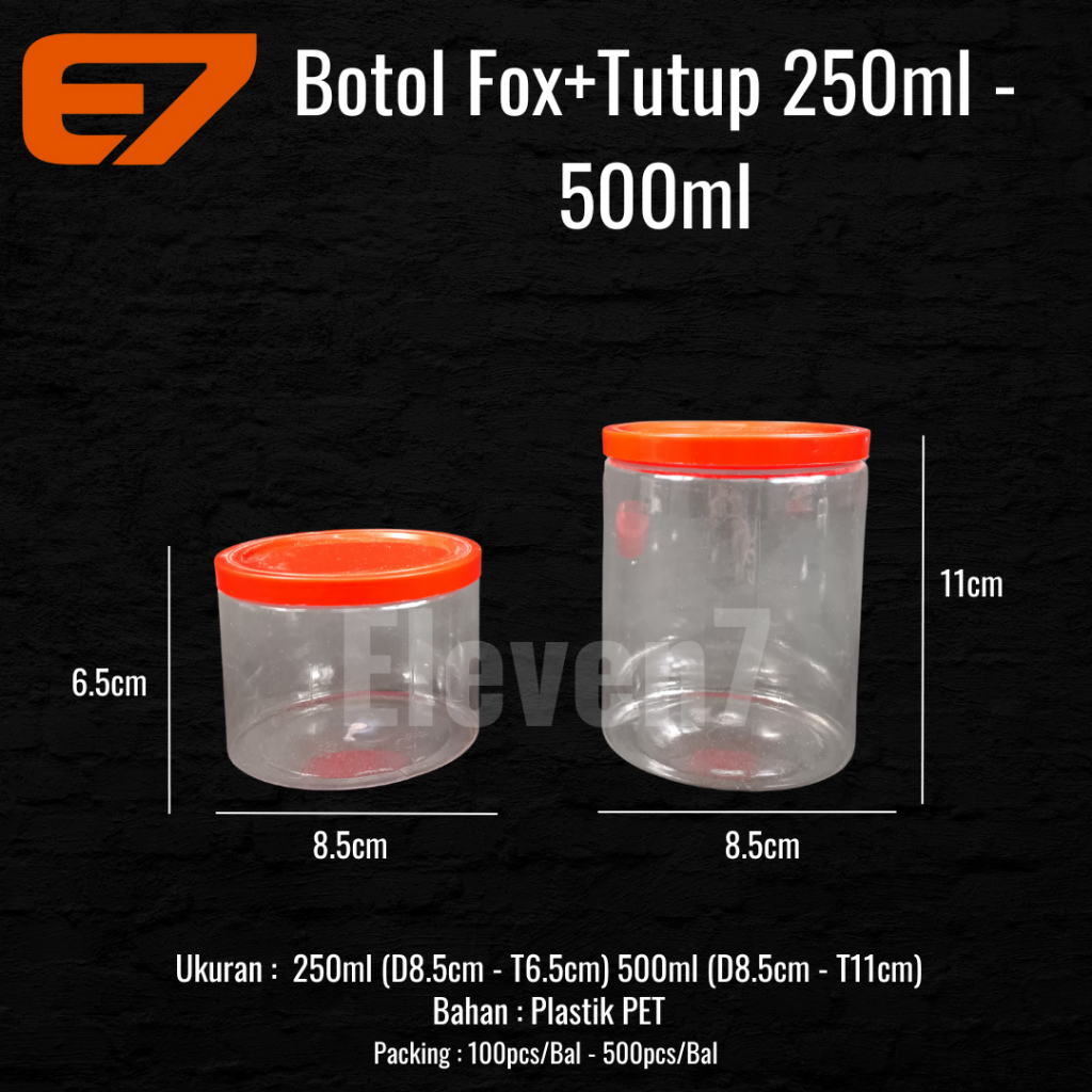 Botol Jar Fox 250ml/50ml + Tutup Plastik PET - Jar Plastik, Toples Bumbu