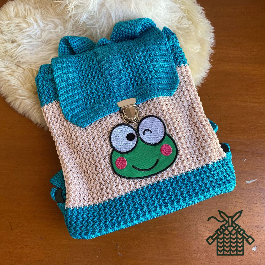 Tas gendong anak karakter keroppy lucu / ransel ngaji anak laki perempuan / tas ransel rajutan kerop