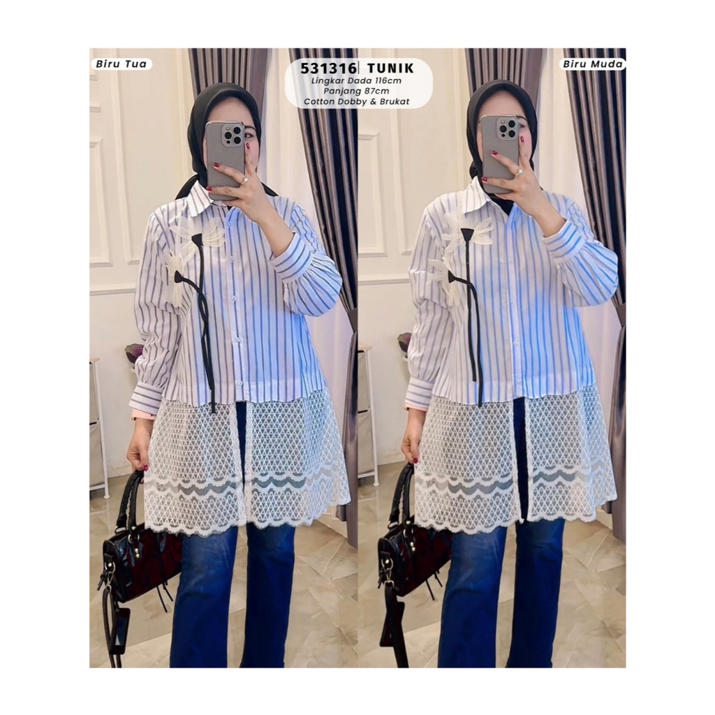 Tunik Salur Katun Dobby Kombinasi Brukat Renda Bawah | Tunik Wanita Muslimah Casual Fit To XL