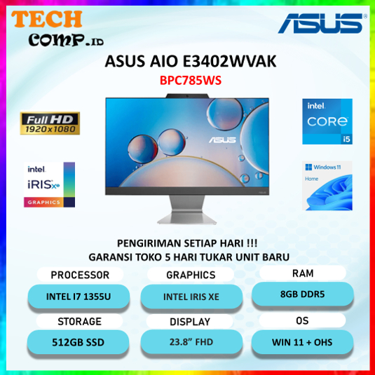 PC AIO ASUS INTEL CORE I7 1355U RAM 8GB DDR5 512GB 23.8 INCH FHD IPS WIN 11 OHS ORI TERBARU