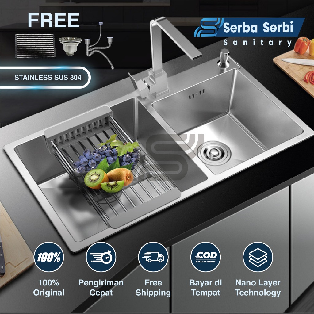 Kitchen Sink / Wastafel Cuci Piring Stainless / Minimalis / Double Bowl / Size 8245 / Silver