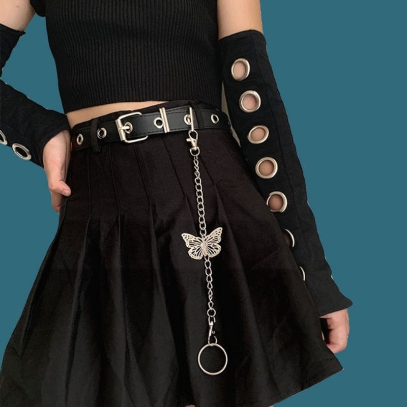 Rok harajuku punk terbaru dengan sabuk dan pin rantai kupu2