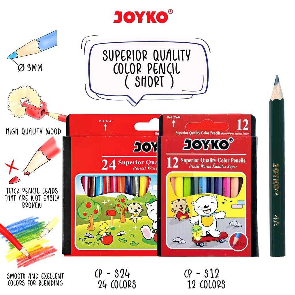 

V2_Joyko Pensil Warna Mini Short Color Pencils Hexagonal Grip/Pensil Warna Joyko S24/Pensil Warna S12 Joyko