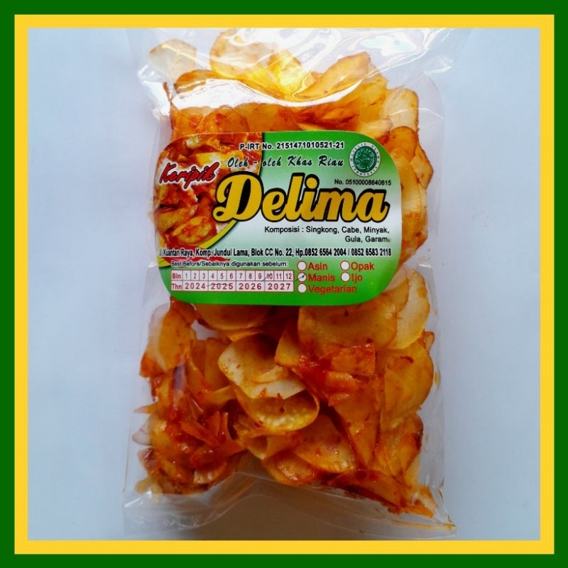 

Kripik Singkong DELIMA Tipis Pedas Manis Cemilan Khas Riau 200 Gram
