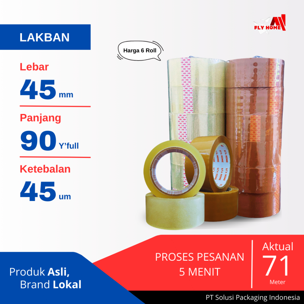 

FLYHOME Lakban bening coklat 45x90yard 2inchi 6roll ukuran FULL 71M