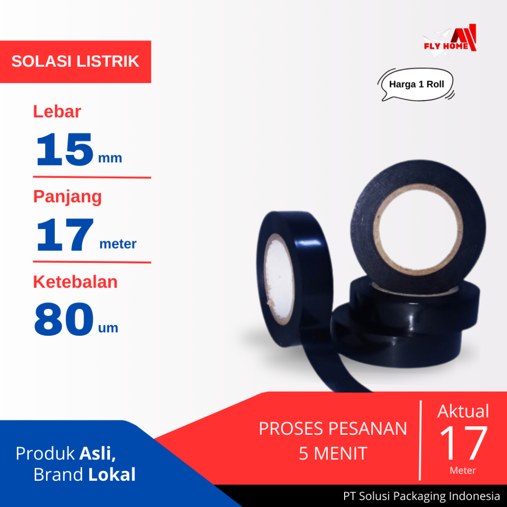 

FLYHOME Solasi listrik 17meter 15mm x 17m 1 roll Solasi hitam ukuran full