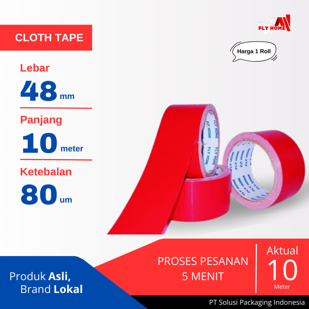 

FLYHOME Lakban jilid/kain merah 10 meter 48mm x 10meter 1 roll cloth tape ukuran full