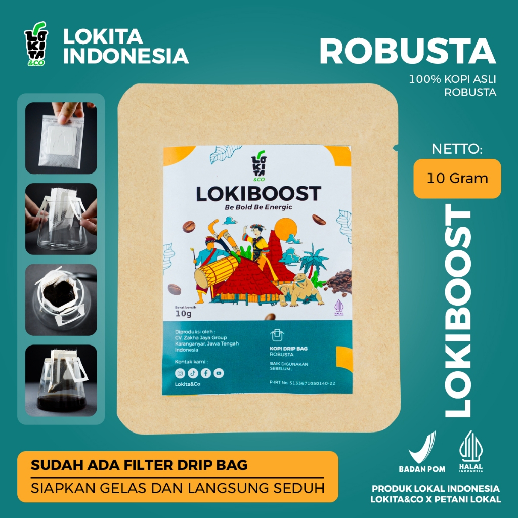 

Kopi Asli Robusta Lokiboost Netto 10g Kemasan Drip Bag Praktis dan Mudah Dibuat
