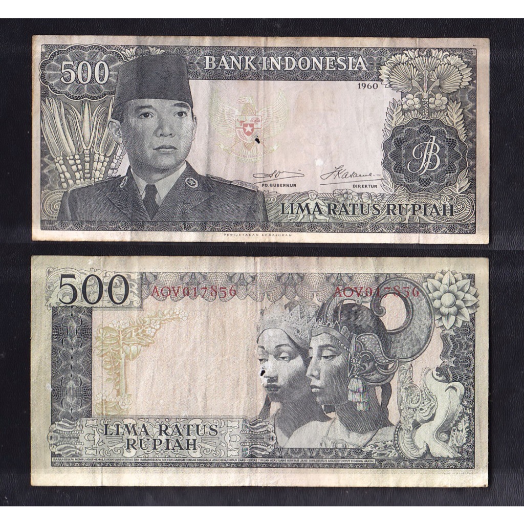 Uang kuno 500 rupiah seri Sukarno tahun 1960 #Wmk Bung Karno ... S/N→ AOV017856