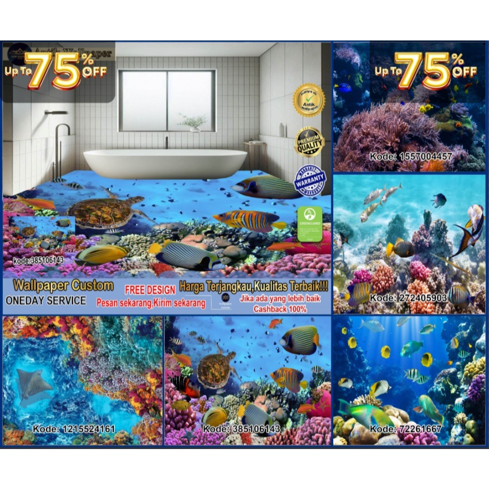 Stiker Lantai 3D Bisa Custom | Cocok Untuk Lantai Dan Dinding Kamar Mandi | Under Sea | Pemandangan 