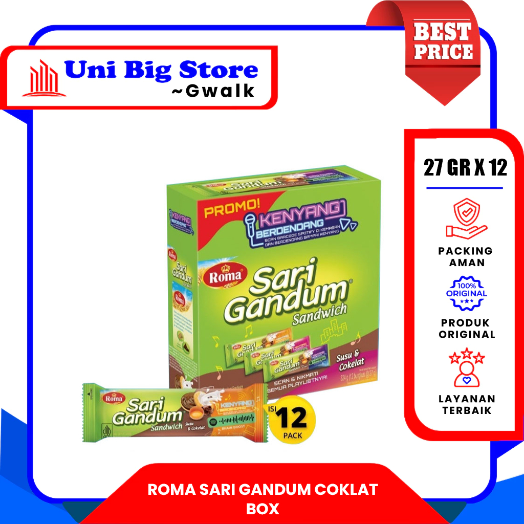 

ROMA SARI GANDUM BISKUIT SANDWICH SUSU COKELAT BOX - (27 gr x 12 pcs)