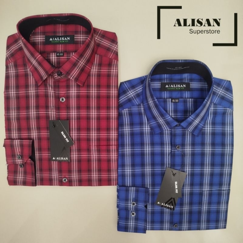 Alisan Kemeja Pria Kombinasi Kotak Kotak Lengan Panjang Slimfit Biru/Merah