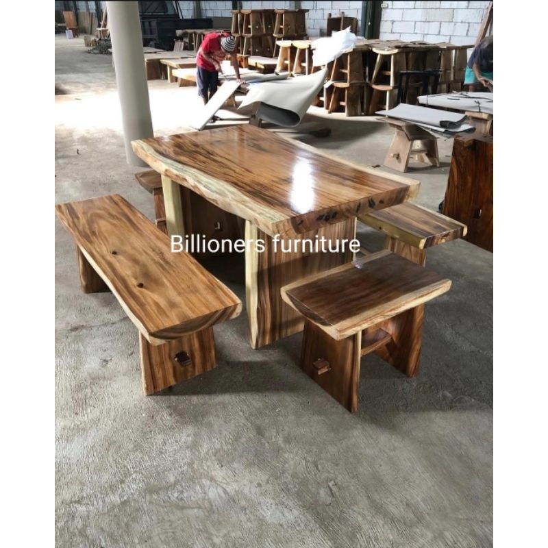 Set Meja Makan Kayu Trembesi Solid Kayu Utuh