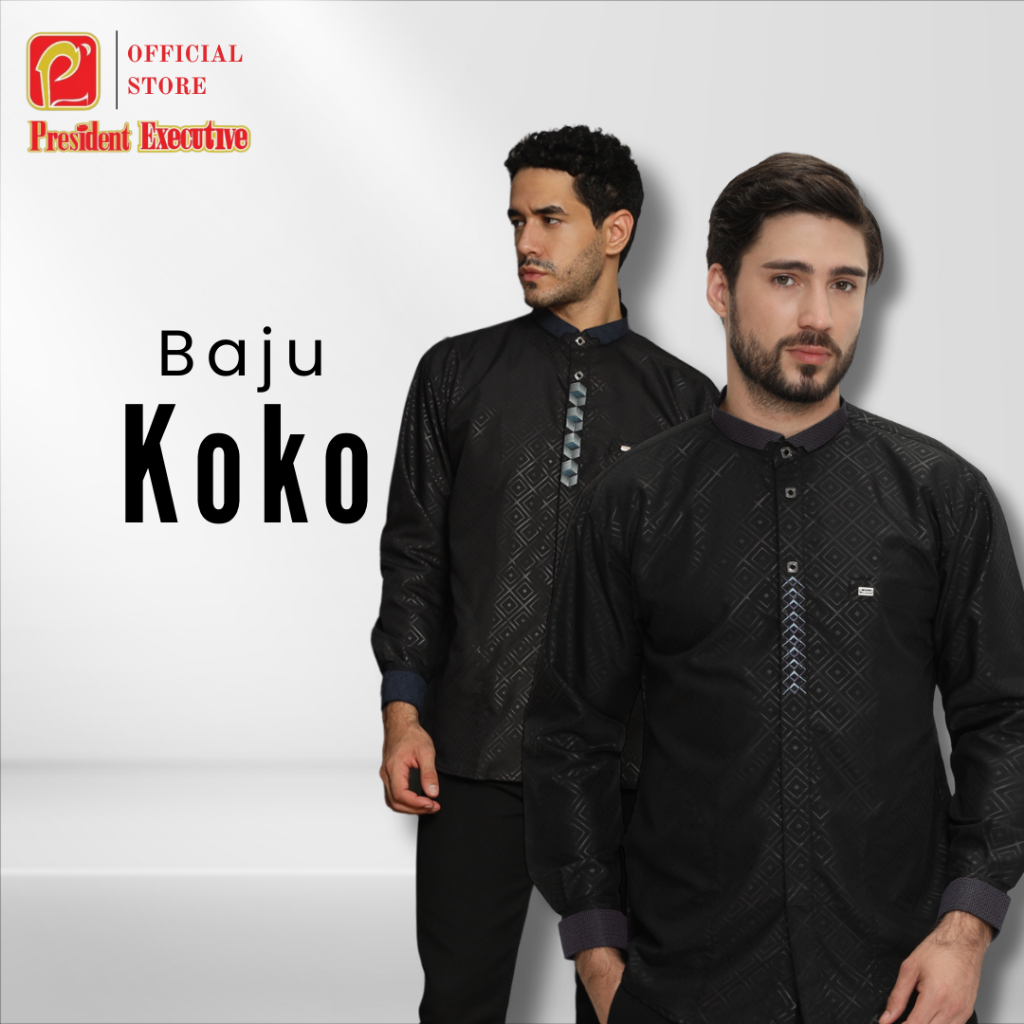 President Executive - Kemko Lengan Panjang Baju Koko Pria Dewasa Embos Bordir Casual Koko Assegaf