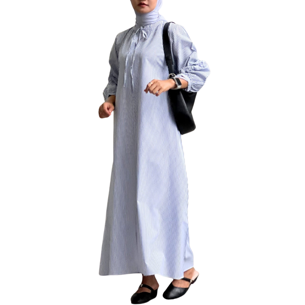 Fukutani LYLA STRIPE DRESS BY FUKUTANI Dress Stripe Muslim Panjang Kerah Panjang Gamis Casual Simple