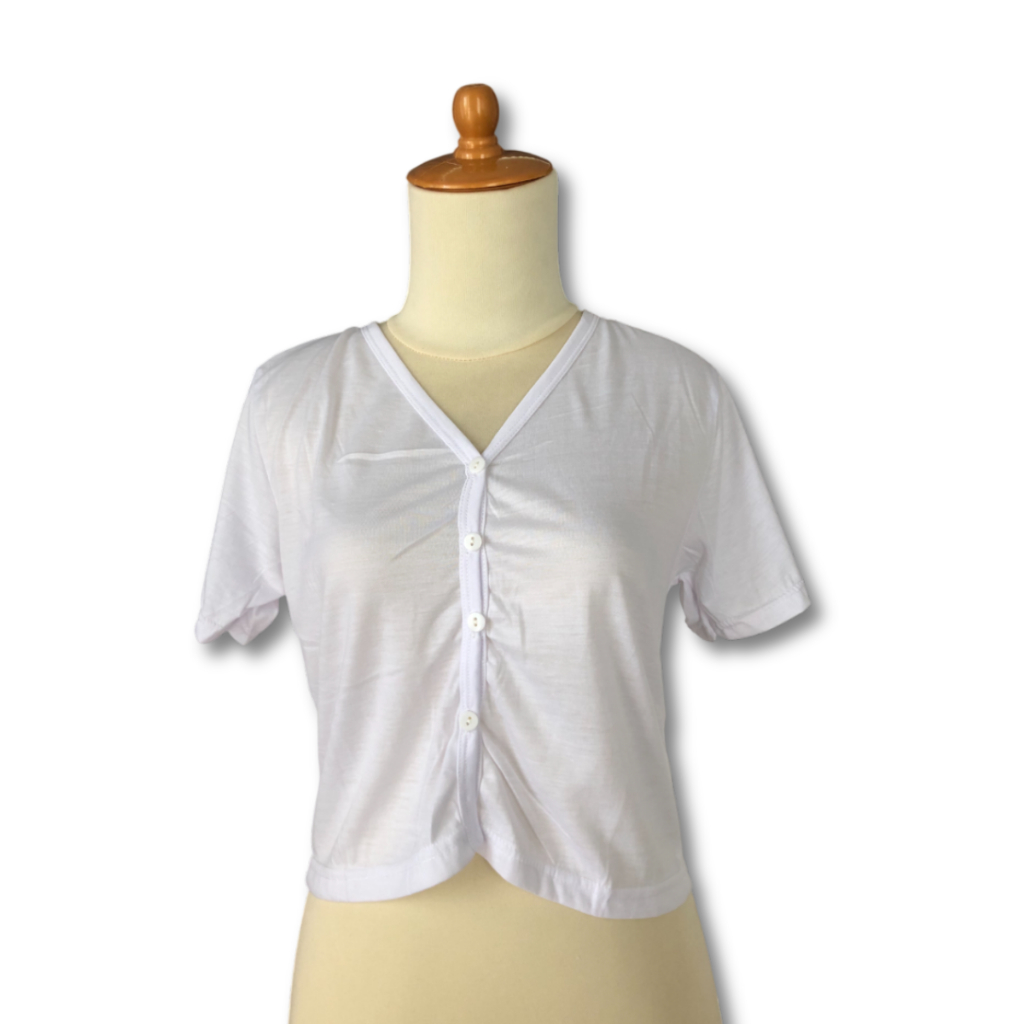 Atasan Wanita Lengan Pendek Baju Cardigan Polos Putih Berkancing, OOTD Wanita Kekinian
