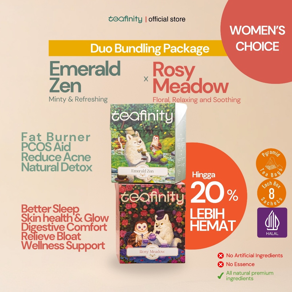 

Teafinity Duo Pack | Emerald Zen & Rosy Meadow | Teh Hijau Green Tea Spearmint White Tea Chamomile