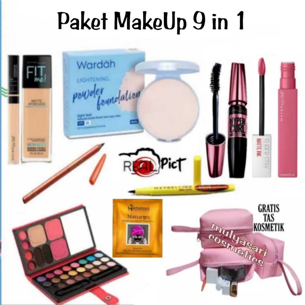 Paket MakeUp 9 in 1 Wardah Lightening Powder Foundation / Paket Kosmetik Bedak Wardah Varian Super L