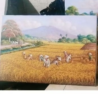 Lukisan kanvas PANEN PADI, Hiasan dinding landscape handmade aesthetic
