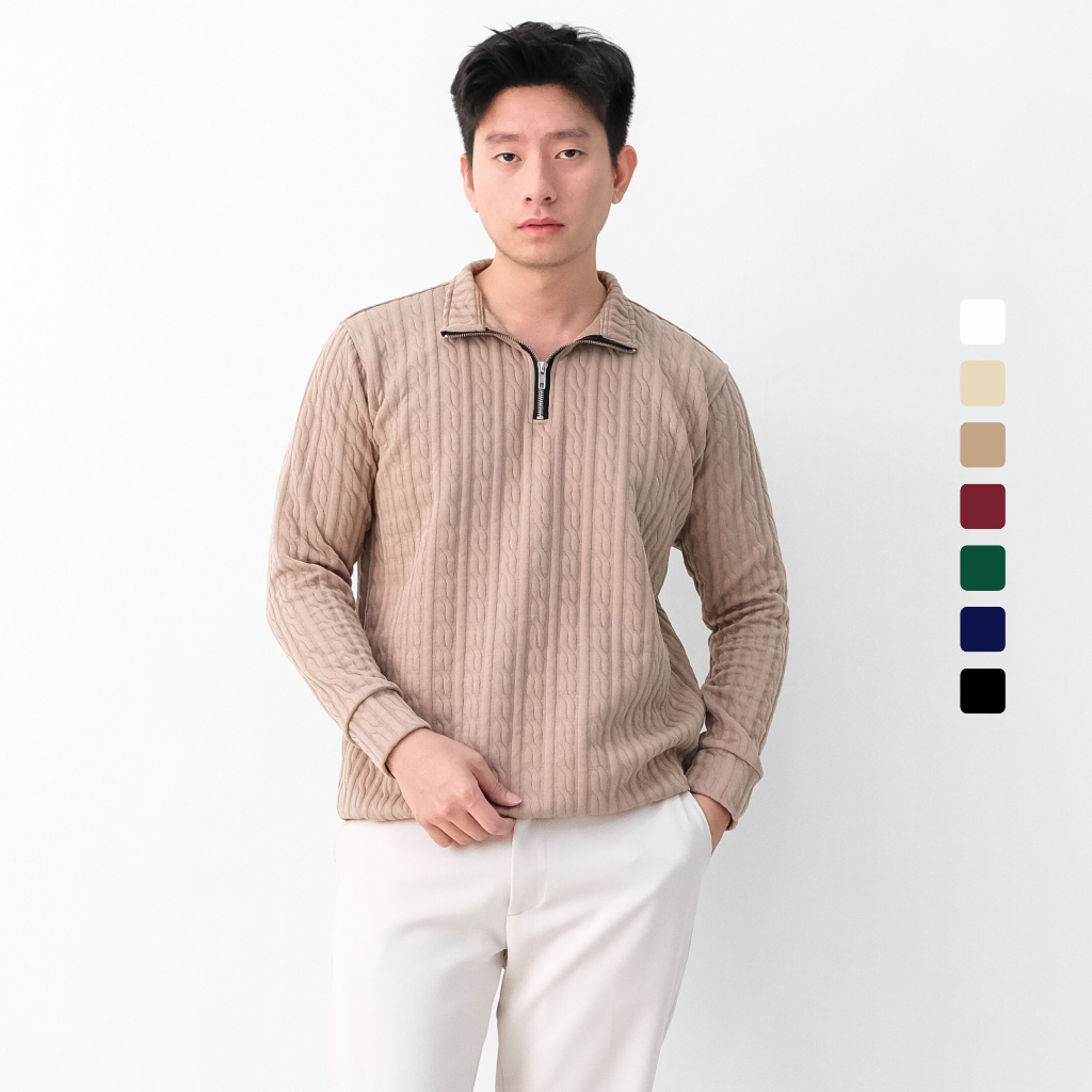SANVANINA Cable Upper Zip Knit Sweater | Jaket Rajut Lengan Panjang Pria | Atasan Sweatshirt Pria
