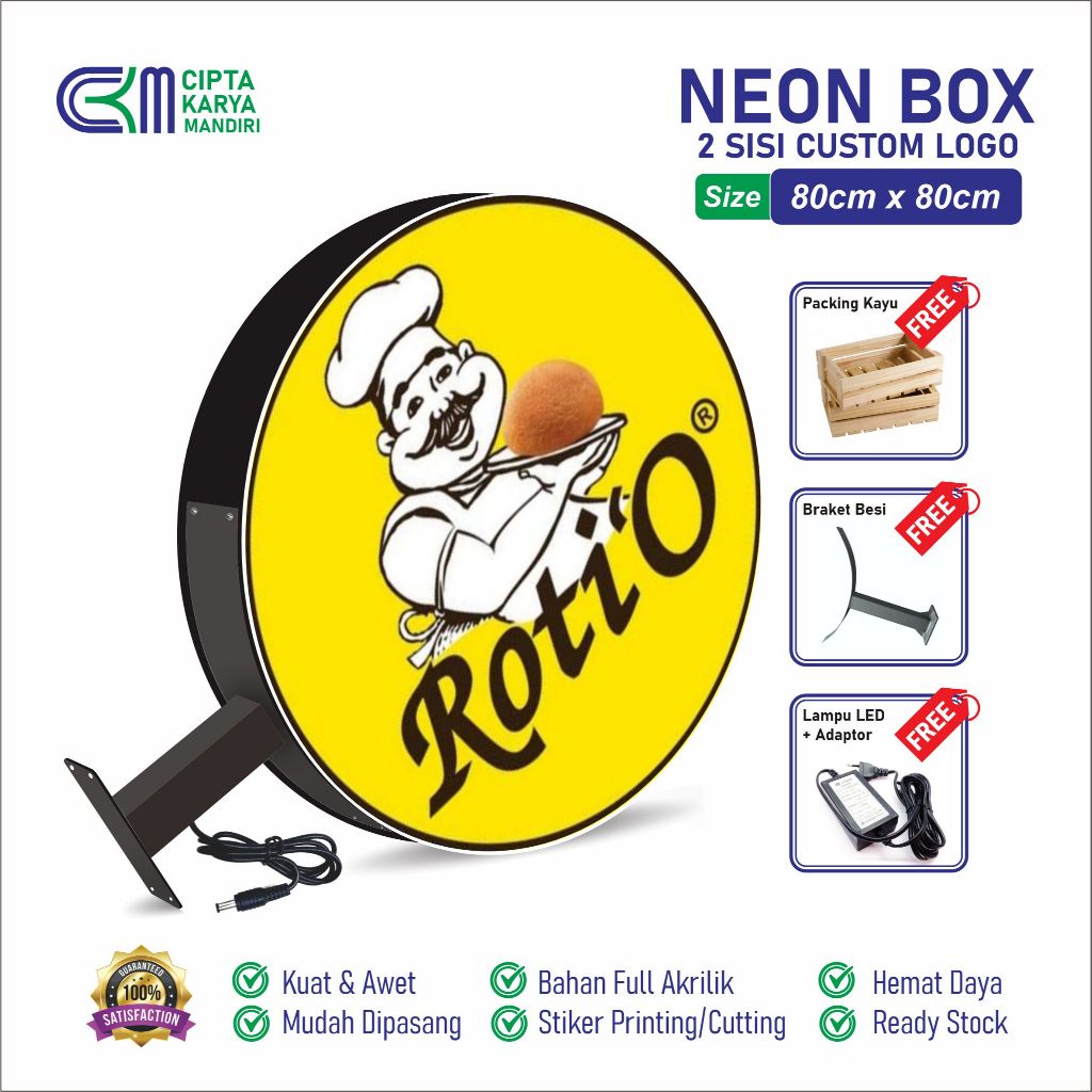 Neon Box 2 sisi Custom Logo Ukuran 80x80cm | Neon Box Bulat | Roti'O