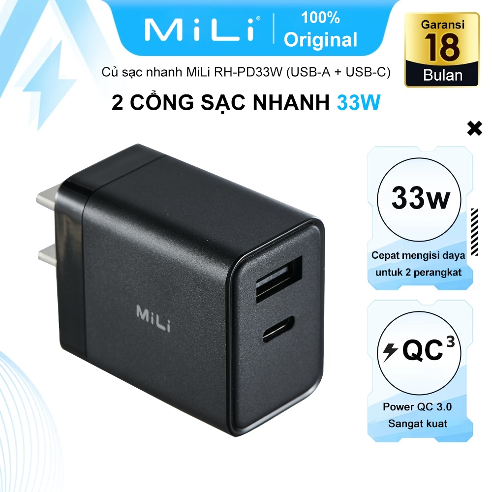 MiLi Charger Pengisi Daya Cepat 33W PD 2 Port USB-A & USB-C Ponsel QC 3.0 USB Tipe C - 100% Original