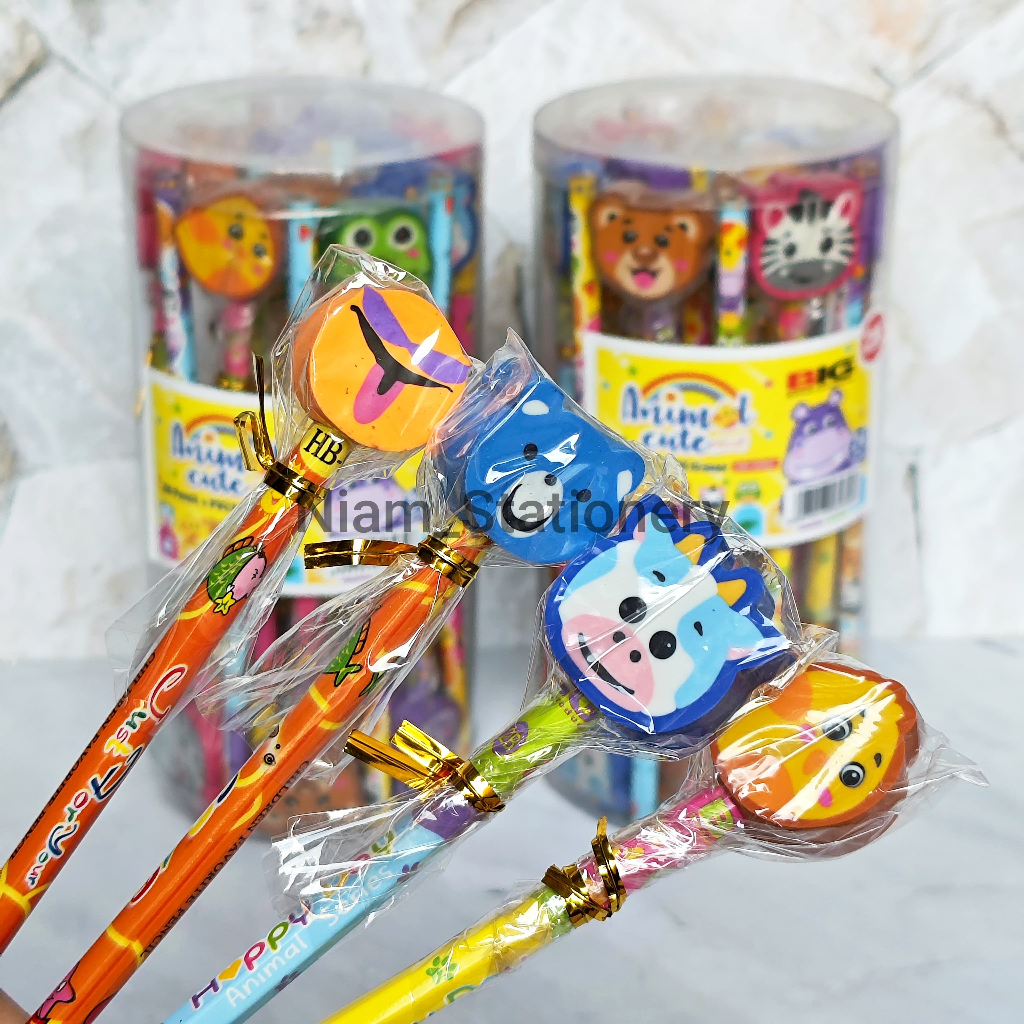 

Azka_Niam ECER ( 1 PCS ) Pensil 2B Big + Penghapus Karakter Animal Cute