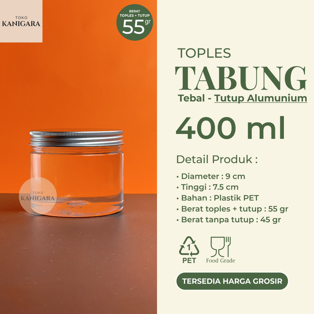 Toples Tabung 400 ml TEBAL TUTUP ALUMUNIUM - Toples Plastik 400ml GROSIR - Kemasan Kuker, Hampers