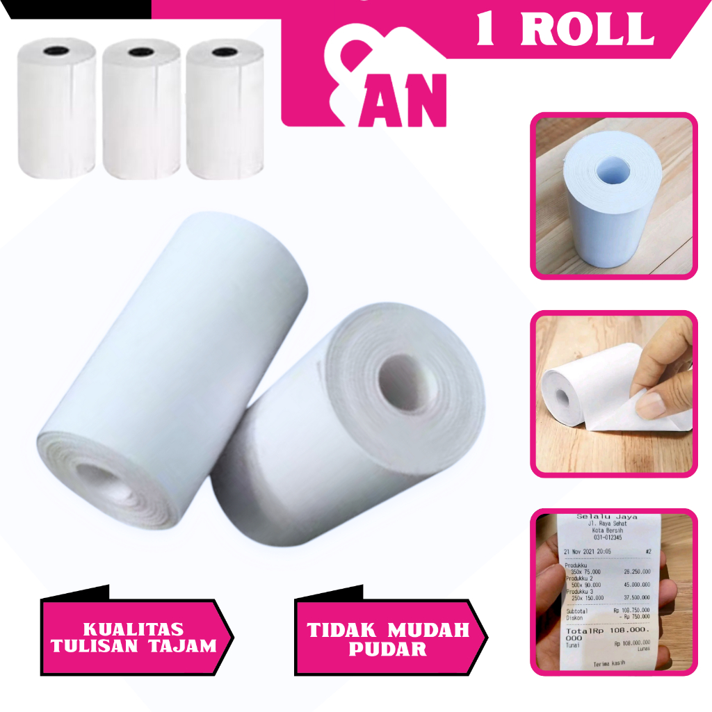 

1ROL Kertas Struk Thermal Paper Roll 57x30 58x30 Printer Bluetooth Mini 58MM Termal EDC Cetak Print Polos Hitam Pekat A301