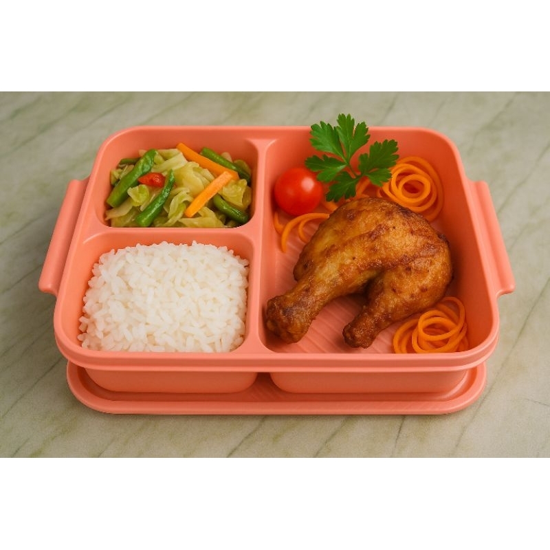 Kotak makan tebal sekat 3 / wadah nasi / bekal sekolah / ompreng  plastik / lunch box segi / tempat 