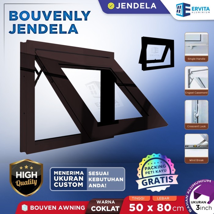 Kusen Jendela Aluminium - Bouvenly Awning - Ukuran 50 x 80 cm - Coklat