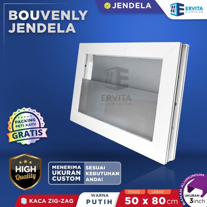 Kusen Jendela Aluminium - Bouven Jendela Kaca Zig Zag - Kamar Mandi - Ukuran 50 x 80 cm - Putih