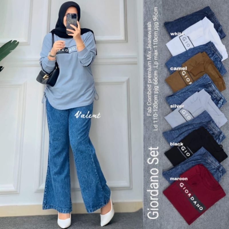Giordano Setelan Wanita (Atasan&Celana) Bahan Combed mix Jeanswash ORI by Valent