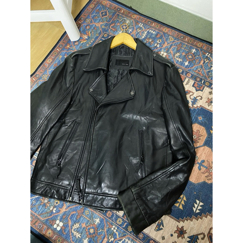 Jaket Zara Man Faux Leather Biker Jacket Black