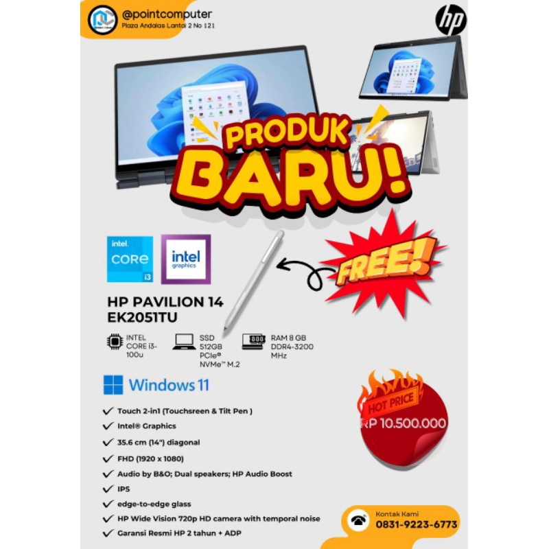 NEW Laptop HP Pavilion 14 EK2051TU / EK2123TU Touch 2in1 Intel i3-100U 8GB SSD 512GB Silver