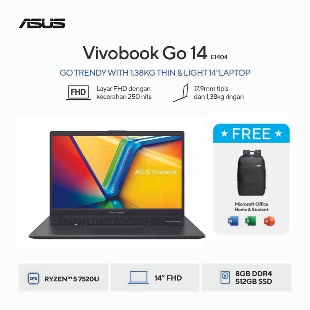 Asus Vivobook Go 14 E1404FA AMD Ryzen 5 7520U RAM 16GB SSD 512GB 14" FHD Win 11 OHS