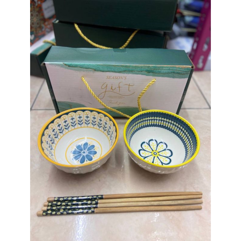 mangkok set souvenir 2 mangkok dengan dus cantik 2 pasang sumpit murah